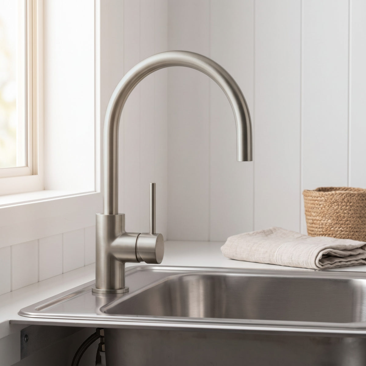 Como Kitchen Mixer Tap in Brushed Nickel in a kitchen