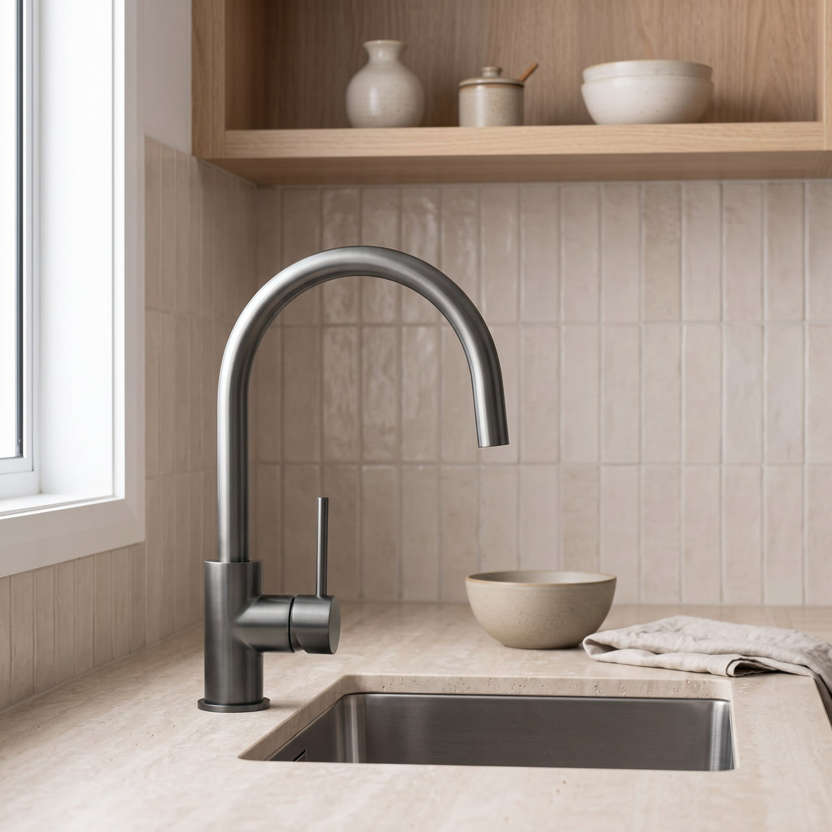 Como Kitchen Mixer Tap in Brushed Gunmetal in a kitchen