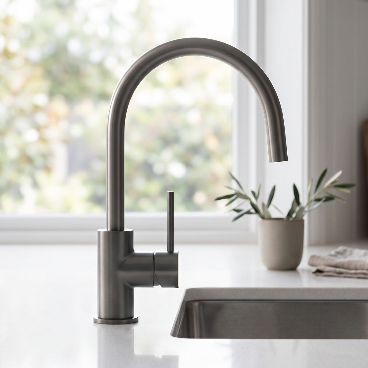 Close-up of the Como Kitchen Mixer Tap in Brushed Gunmetal
