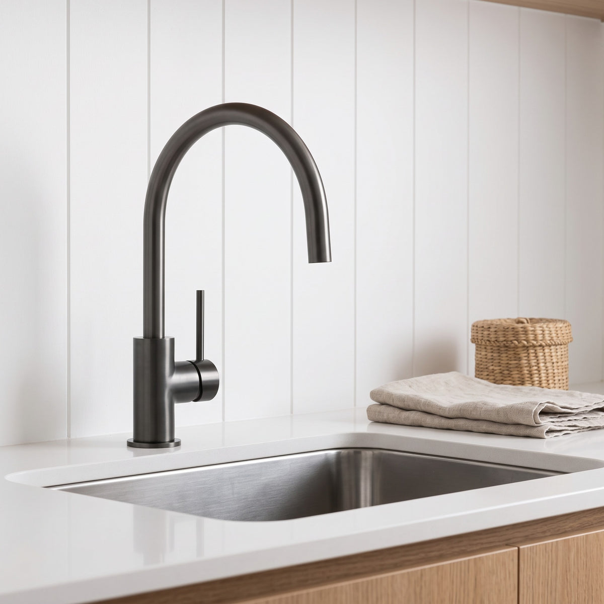 Como Kitchen Mixer Tap in Brushed Gunmetal in a kitchen