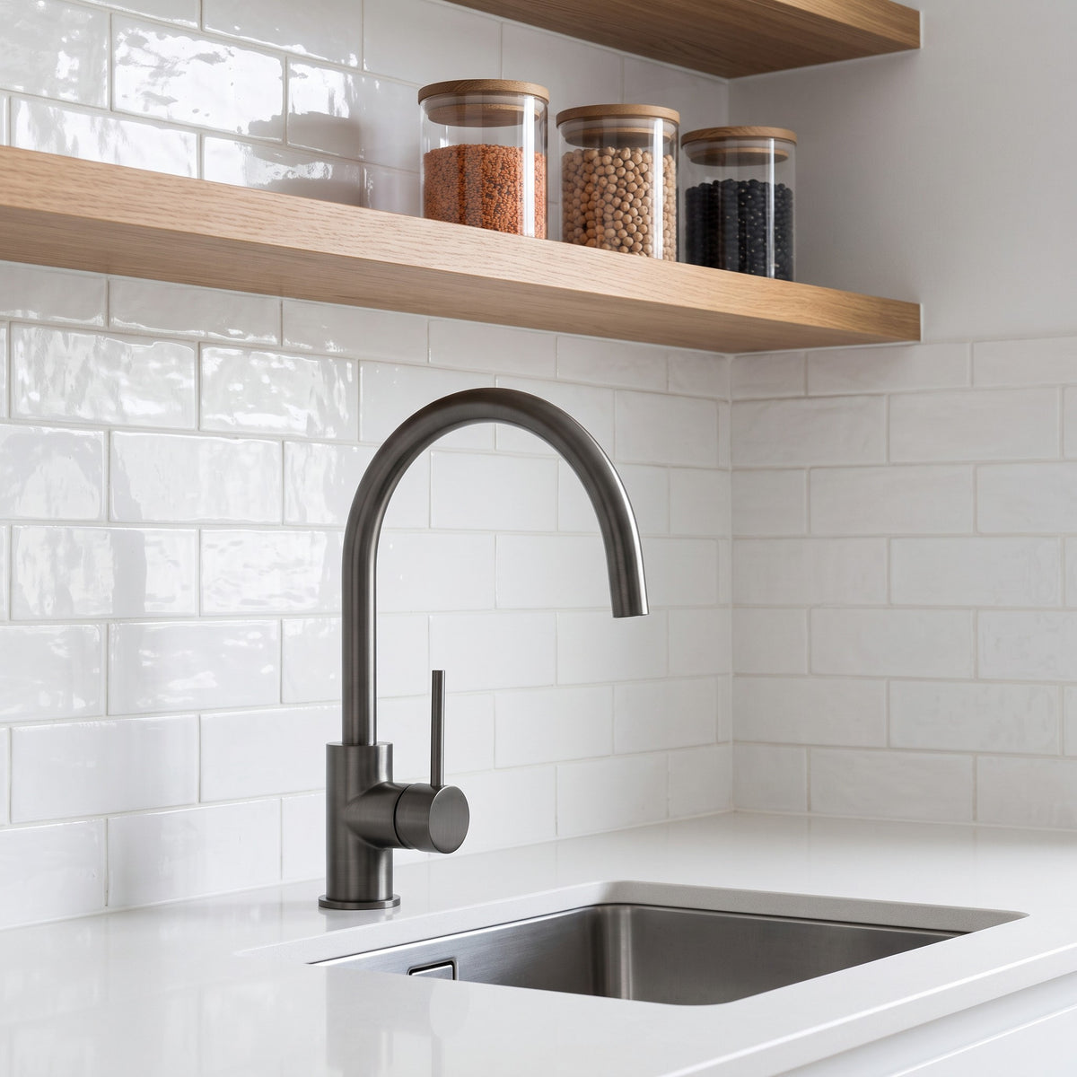 Como Kitchen Mixer Tap in Brushed Gunmetal in a kitchen