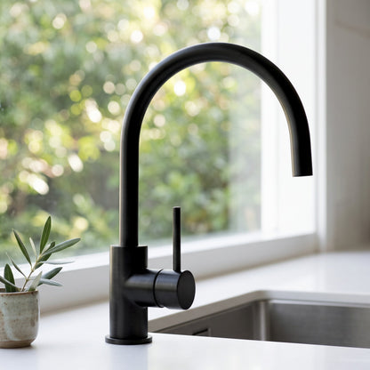 Close-up of the Como Kitchen Mixer Tap in Matte Black
