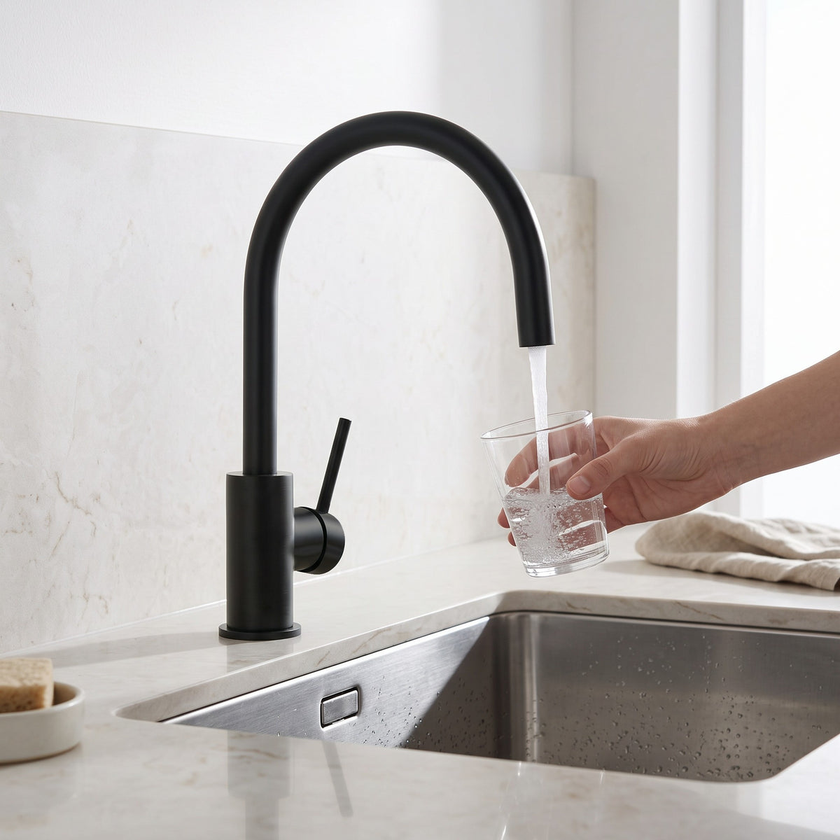 Como Kitchen Mixer Tap in Matte Black in use in a kitchen