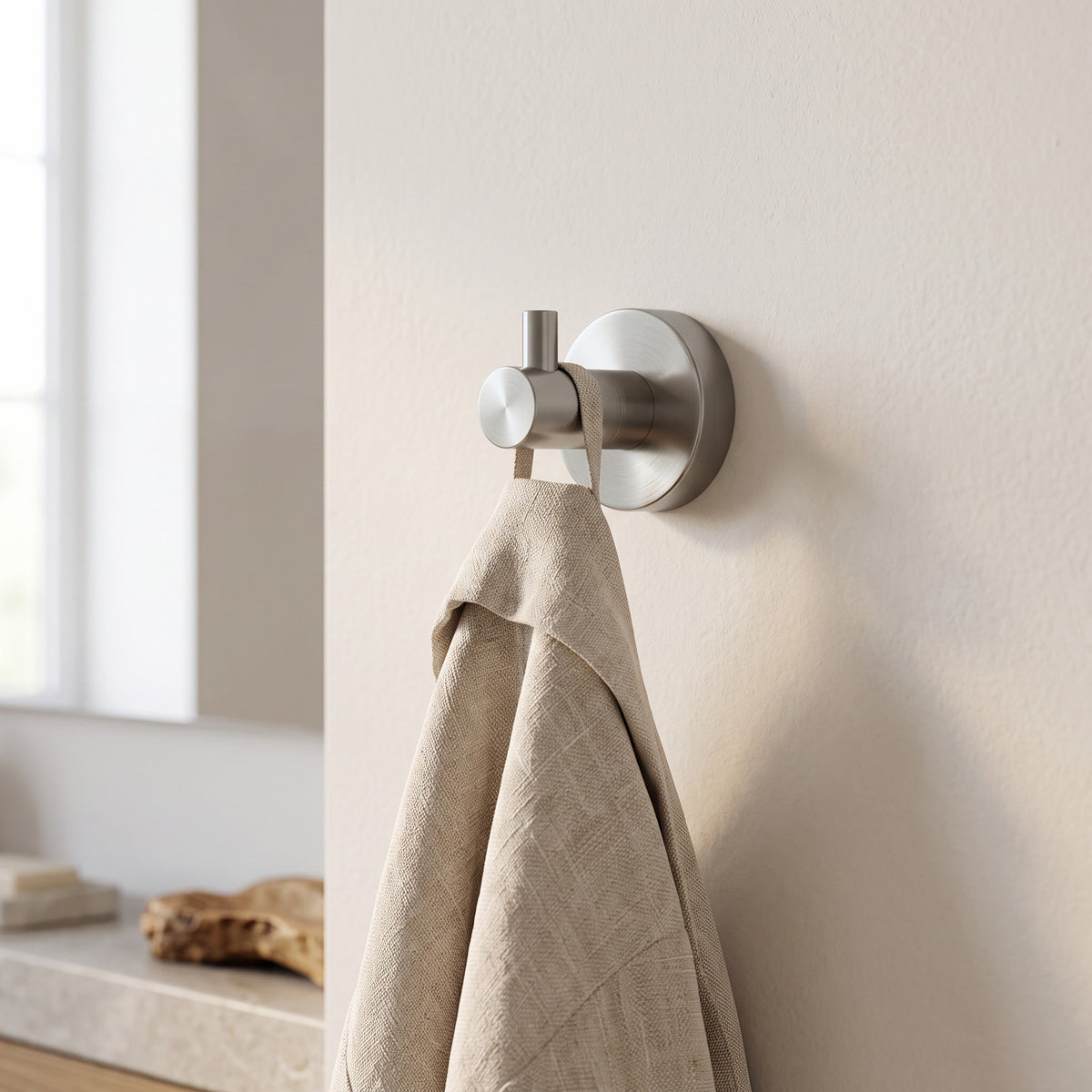 Copenhagen Robe Hook in Brushed Nickel in a bathroom