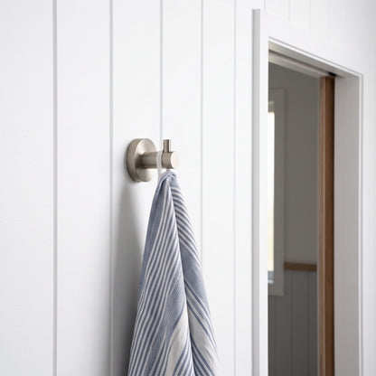 Copenhagen Robe Hook in Brushed Nickel in a bathroom