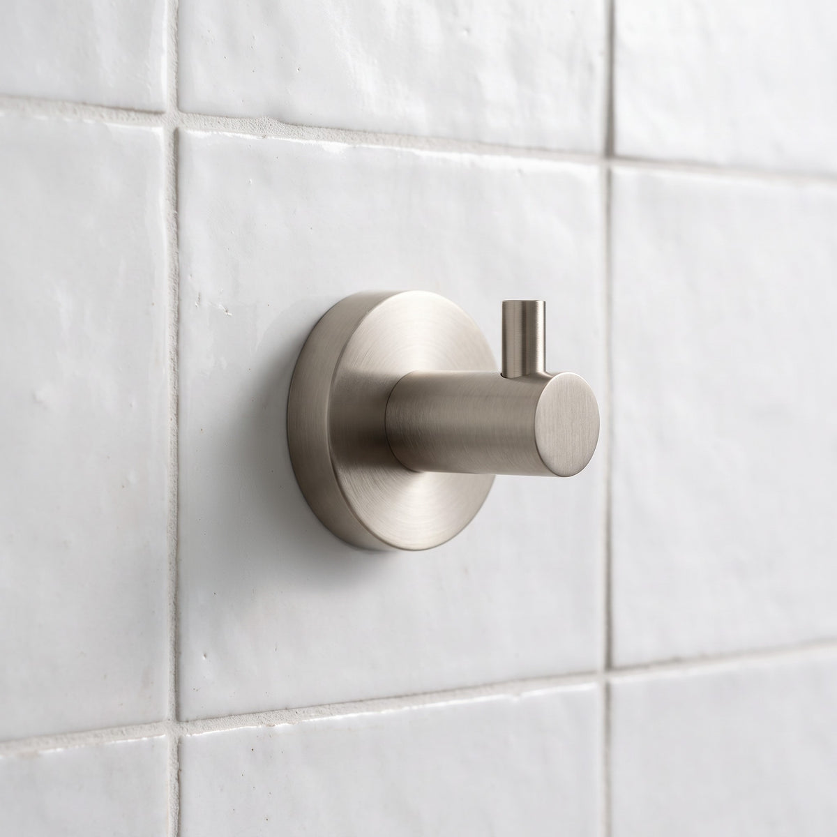 Close-up of the Copenhagen Robe Hook in Brushed Nickel