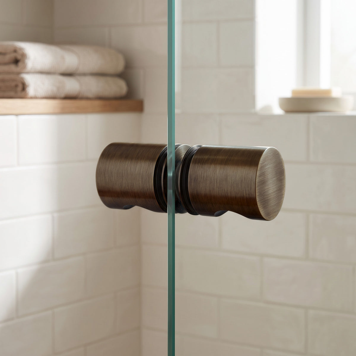 Corfu Shower Door Handle in Antique Brass on a glass shower door