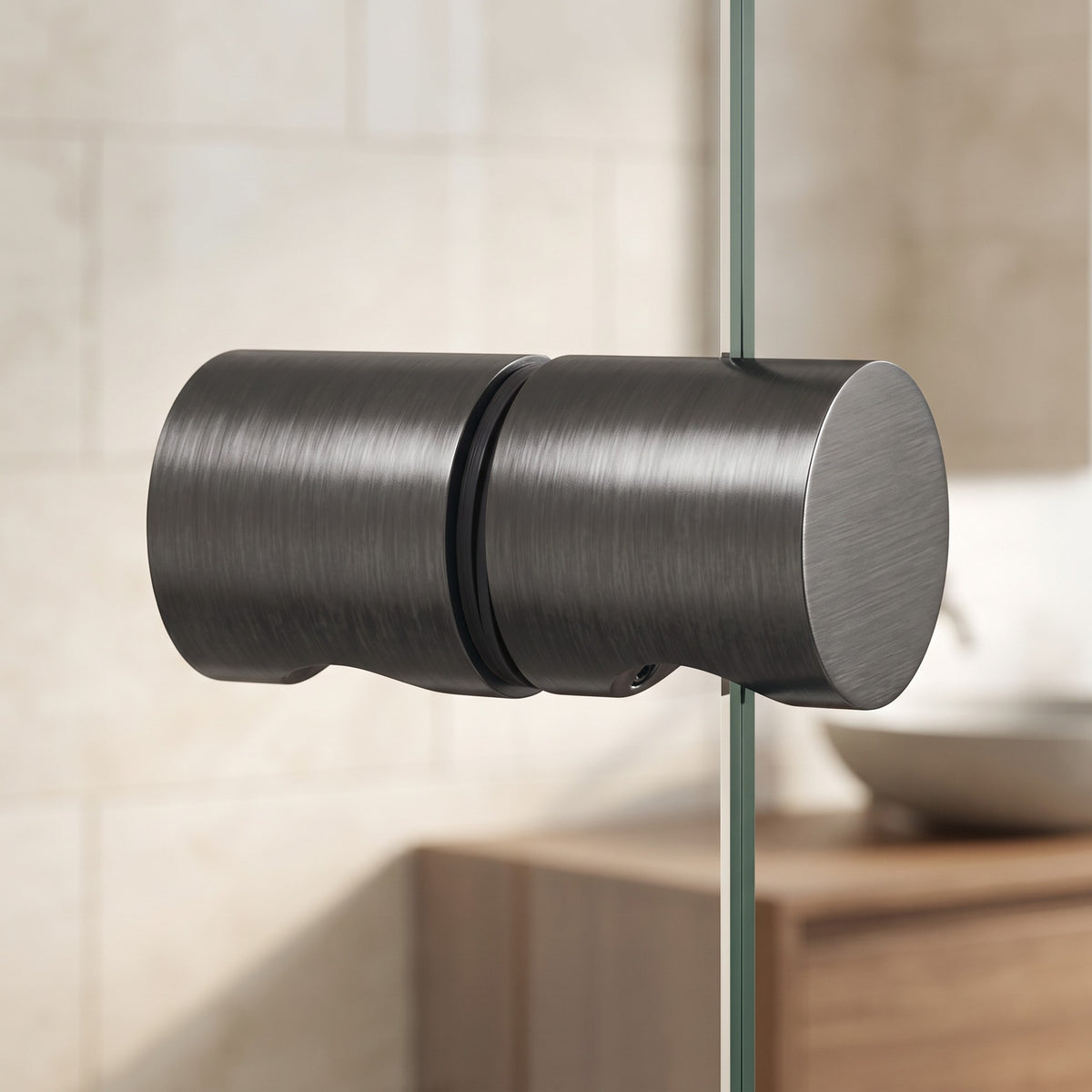 Corfu Shower Door Handle in Brushed Gunmetal on a glass shower door