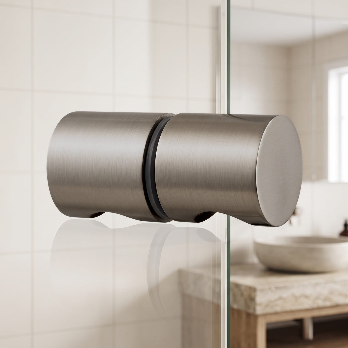 Corfu Shower Door Handle in Brushed Nickel on a glass shower door