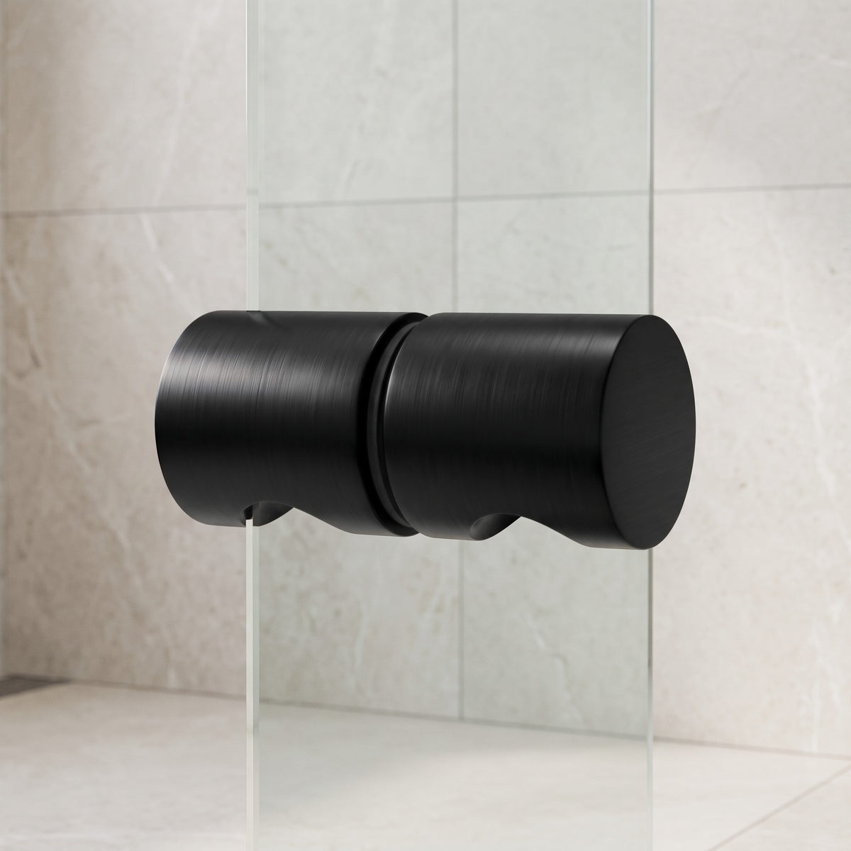 Corfu Shower Door Handle in Matte Black on a glass shower door