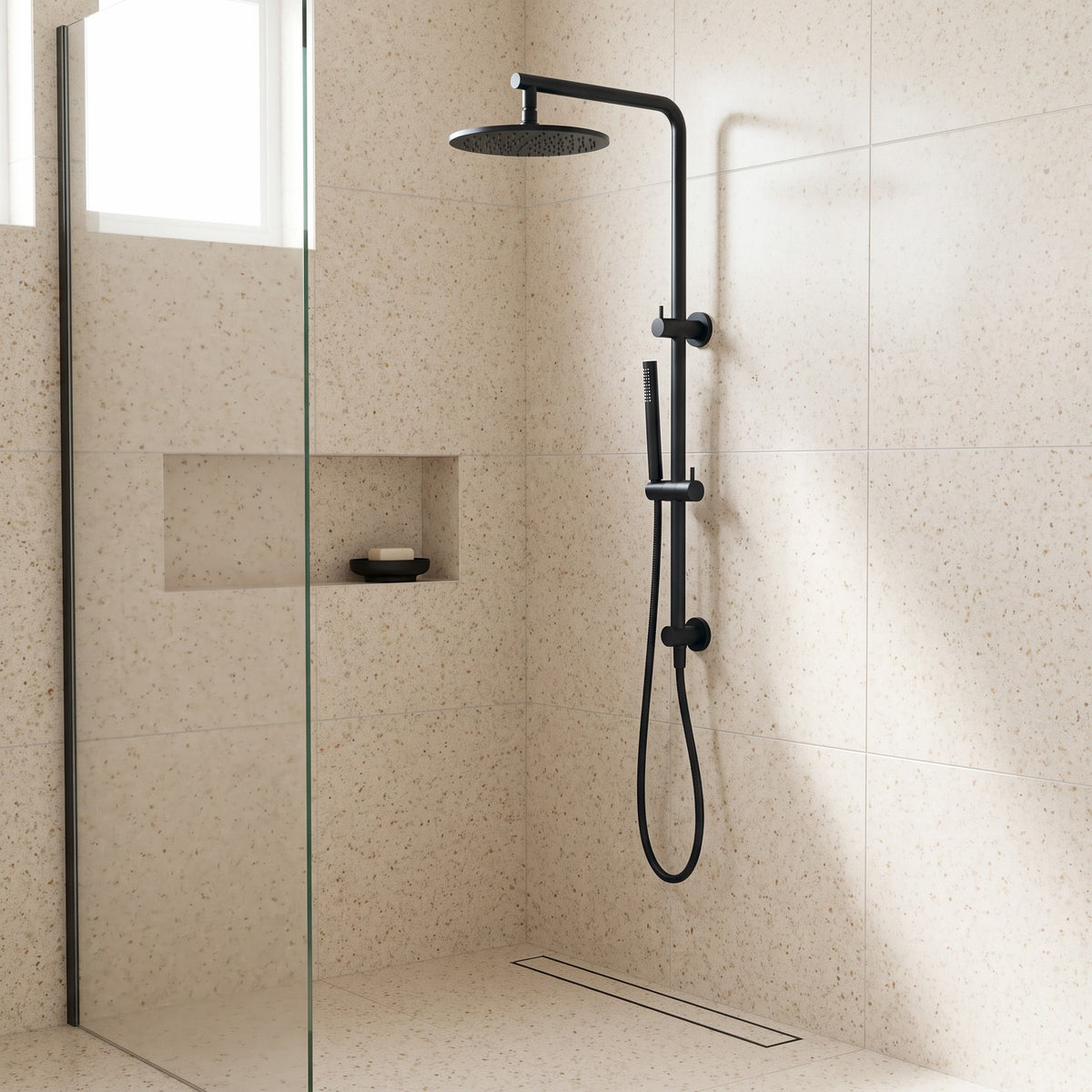 Corsica Dual Shower Head in Matte Black in a shower
