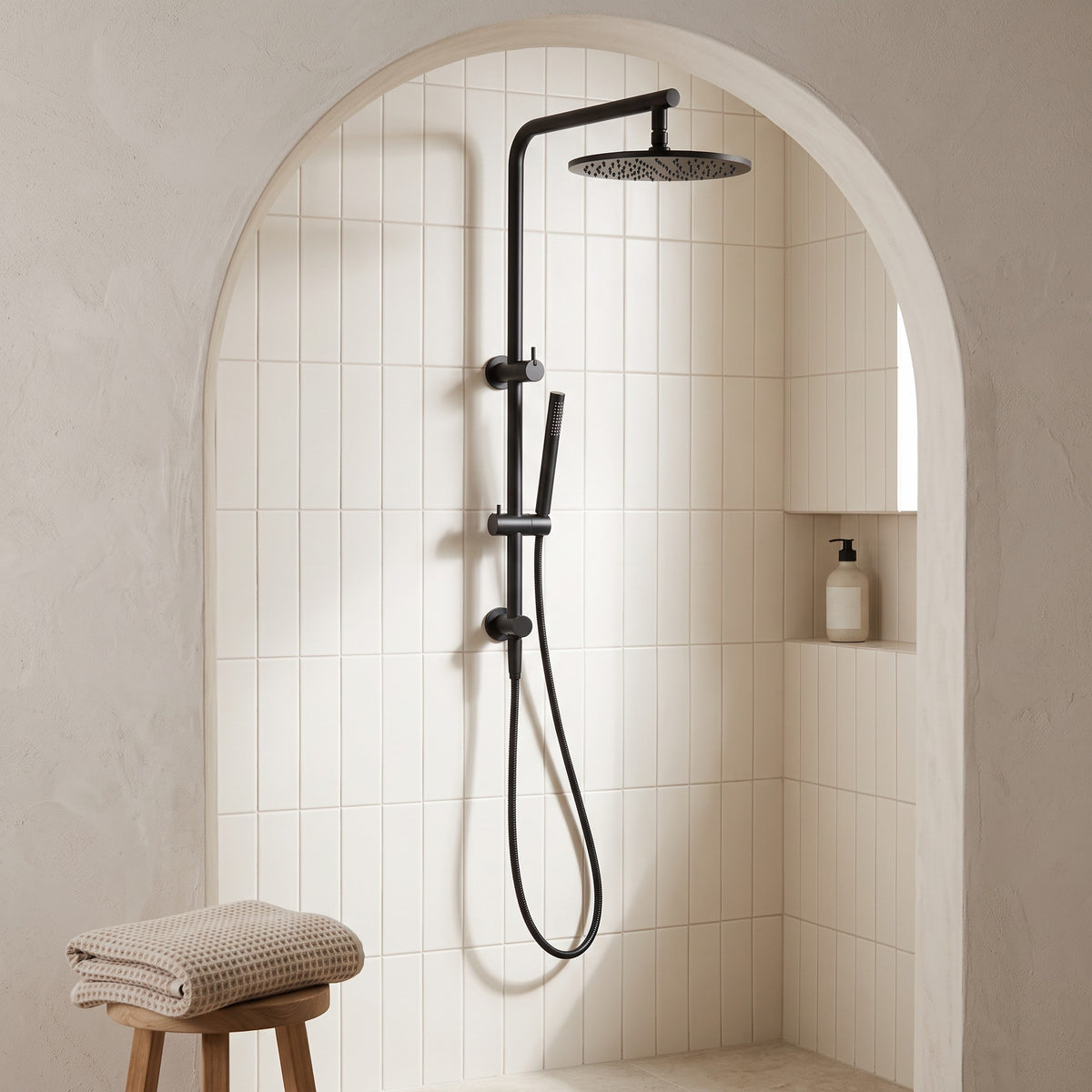 Corsica Dual Shower Head in Matte Black in a shower