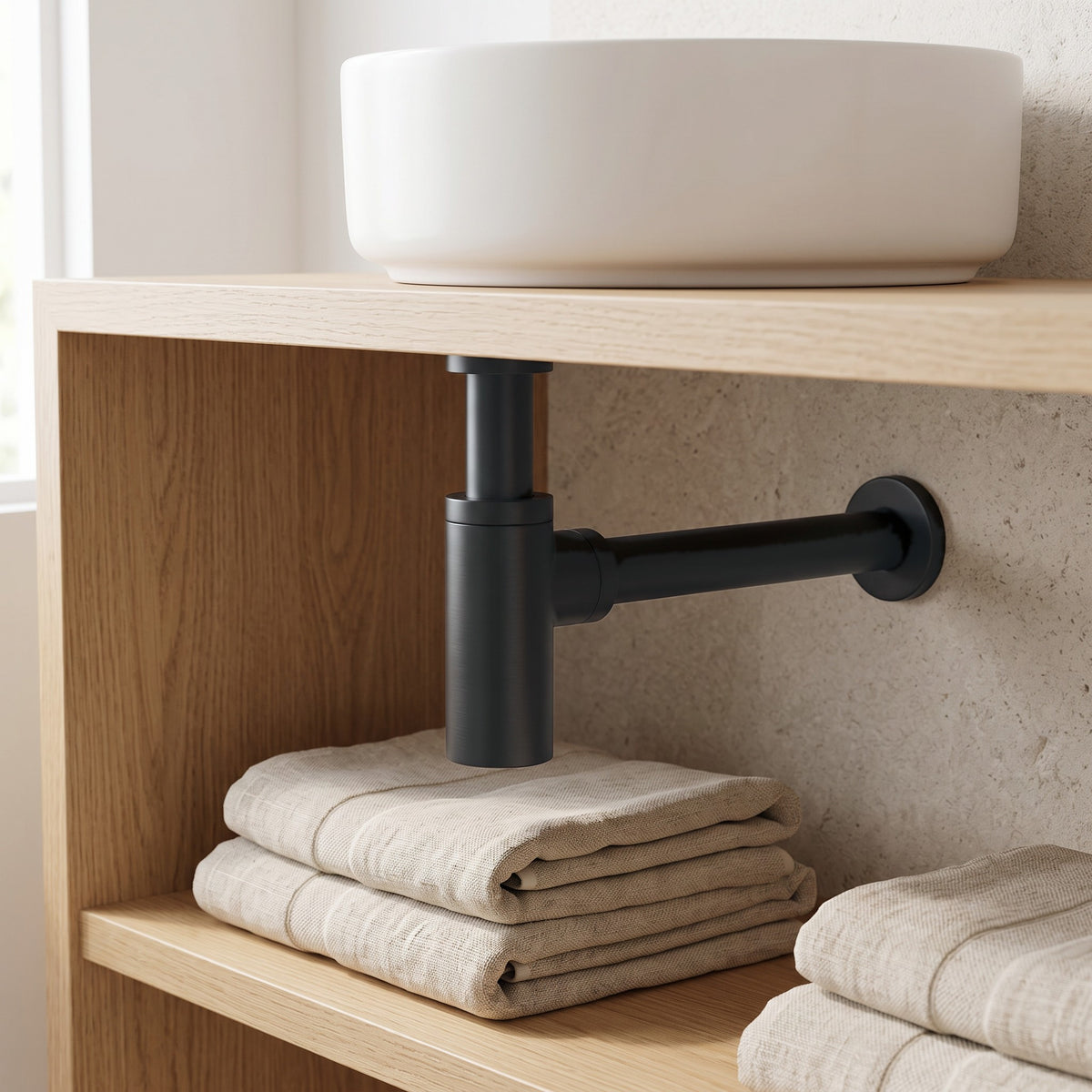 Firenze Basin Bottle Trap in Matte Black in a bathroom