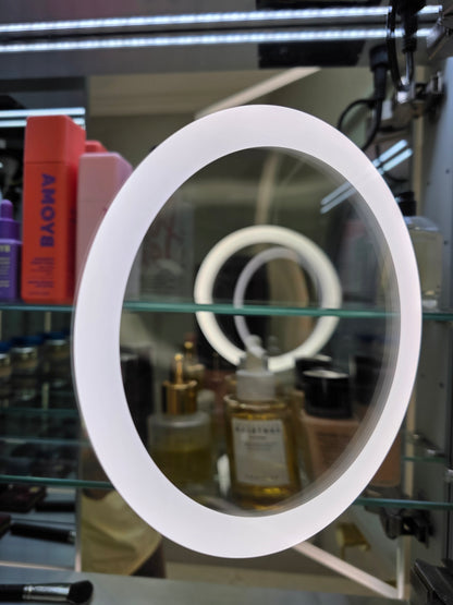 Inside view of frameless LED mirror cabinet with internal magnifier
