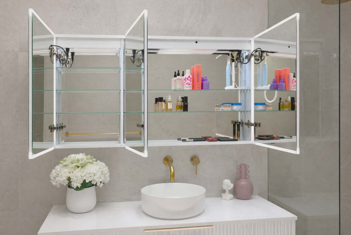 Frameless LED mirror cabinet with adjustable internal glass shelves
