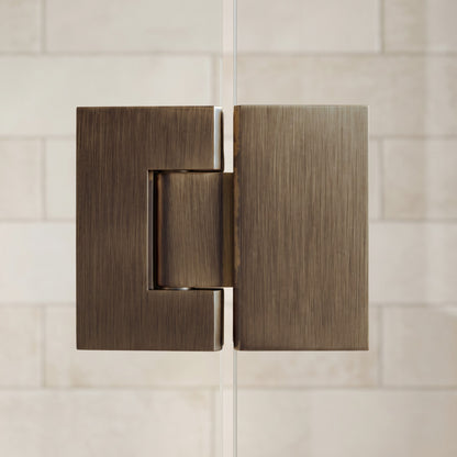 Geneva Shower Hinge Glass to Glass in Antique Brass on a glass shower screen