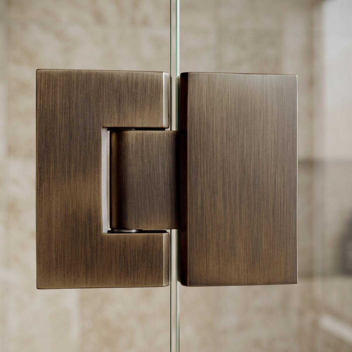 Close-up of the Geneva Shower Hinge Glass to Glass in Antique Brass