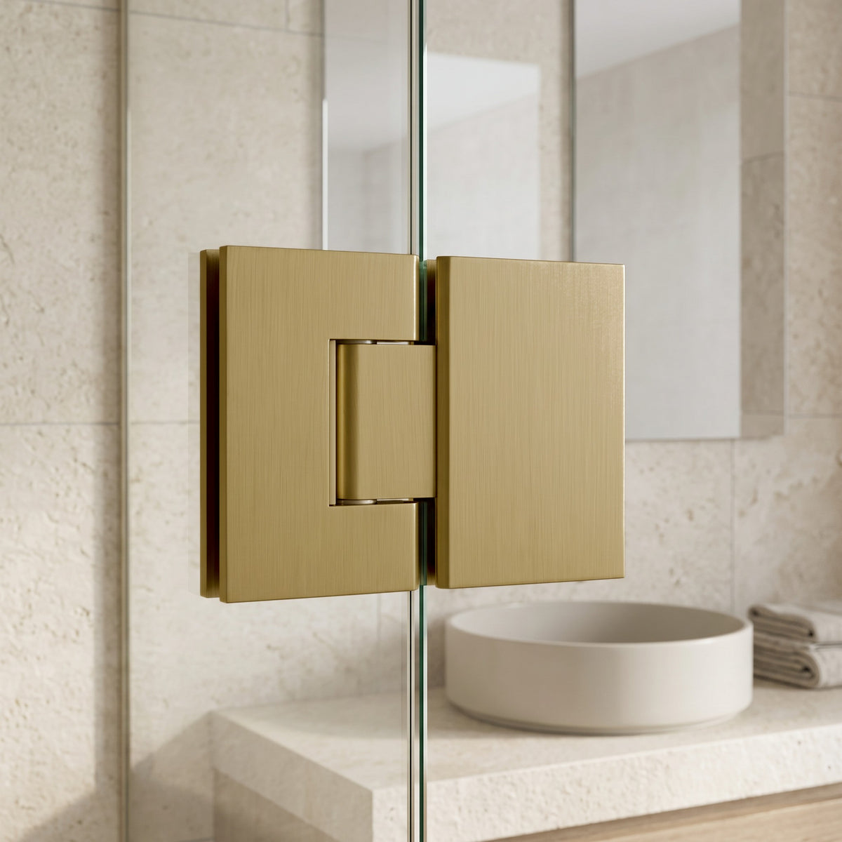 Geneva Shower Hinge Glass to Glass in Brushed Brass on a glass shower screen