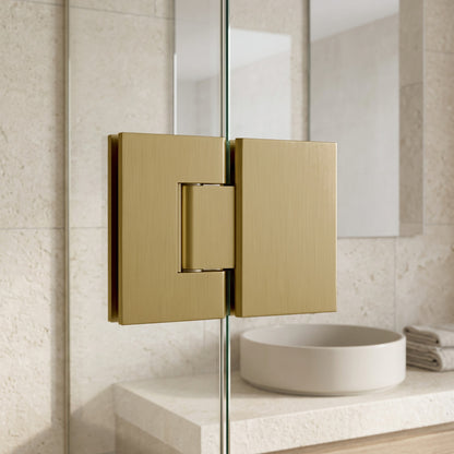Geneva Shower Hinge Glass to Glass in Brushed Brass on a glass shower screen