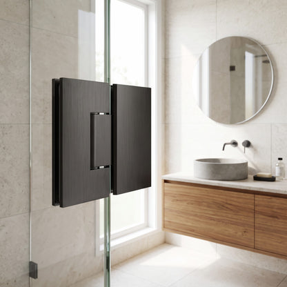 Geneva Shower Hinge Glass to Glass in Brushed Gunmetal on a glass shower screen