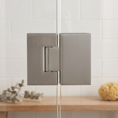 Geneva Shower Hinge Glass to Glass in Brushed Nickel on a glass shower screen