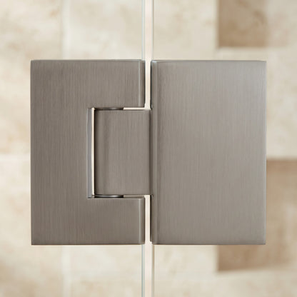 Close-up of the Geneva Shower Hinge Glass to Glass in Brushed Nickel