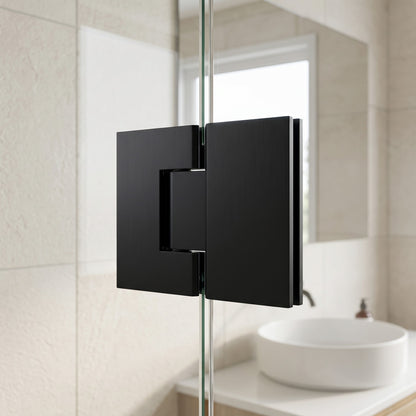 Geneva Shower Hinge Glass to Glass in Matte Black on a glass shower screen