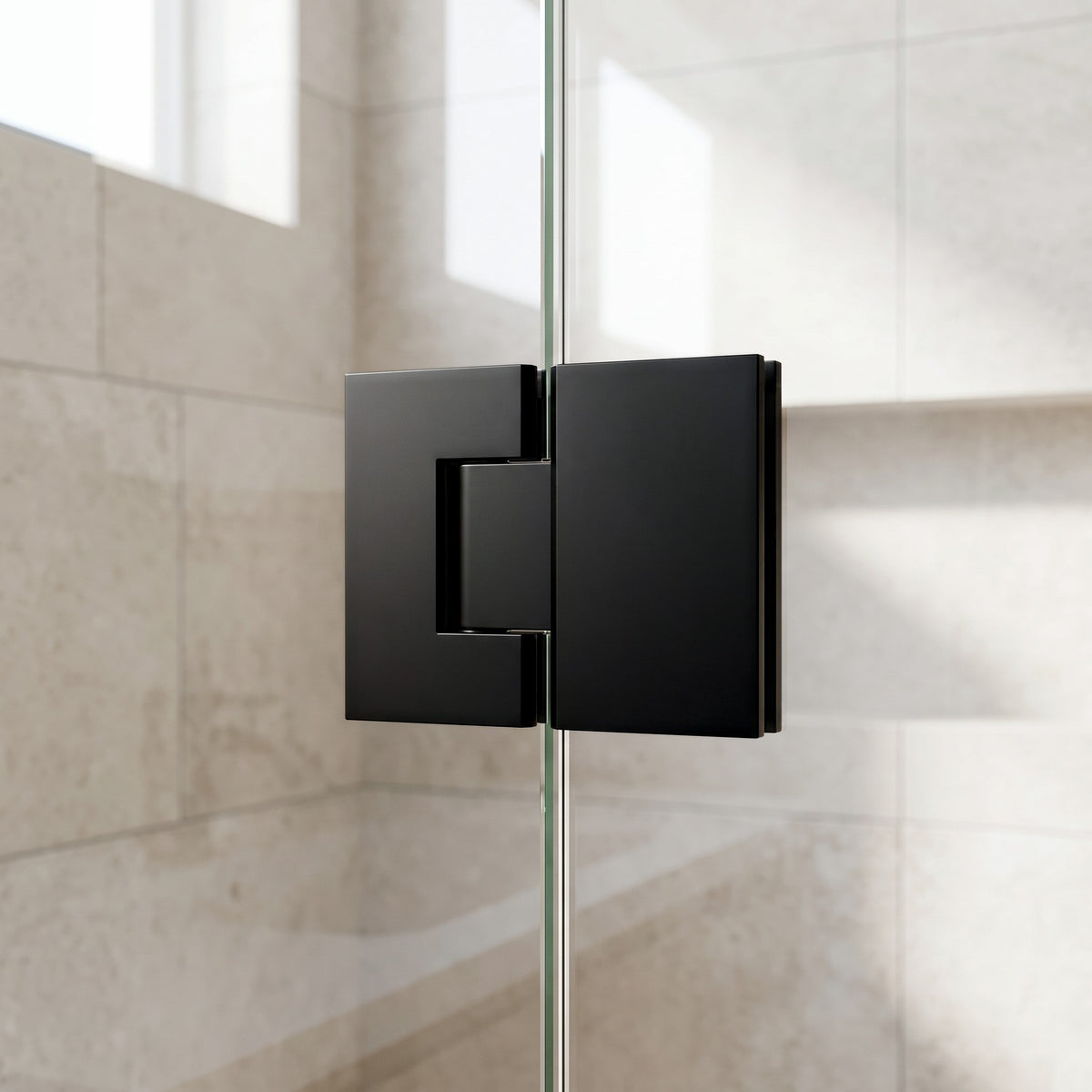 Geneva Shower Hinge Glass to Glass in Matte Black on a glass shower screen