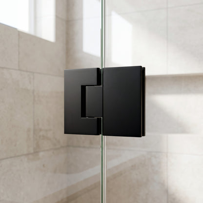 Geneva Shower Hinge Glass to Glass in Matte Black on a glass shower screen