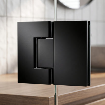 Close-up of the Geneva Shower Hinge Glass to Glass in Matte Black