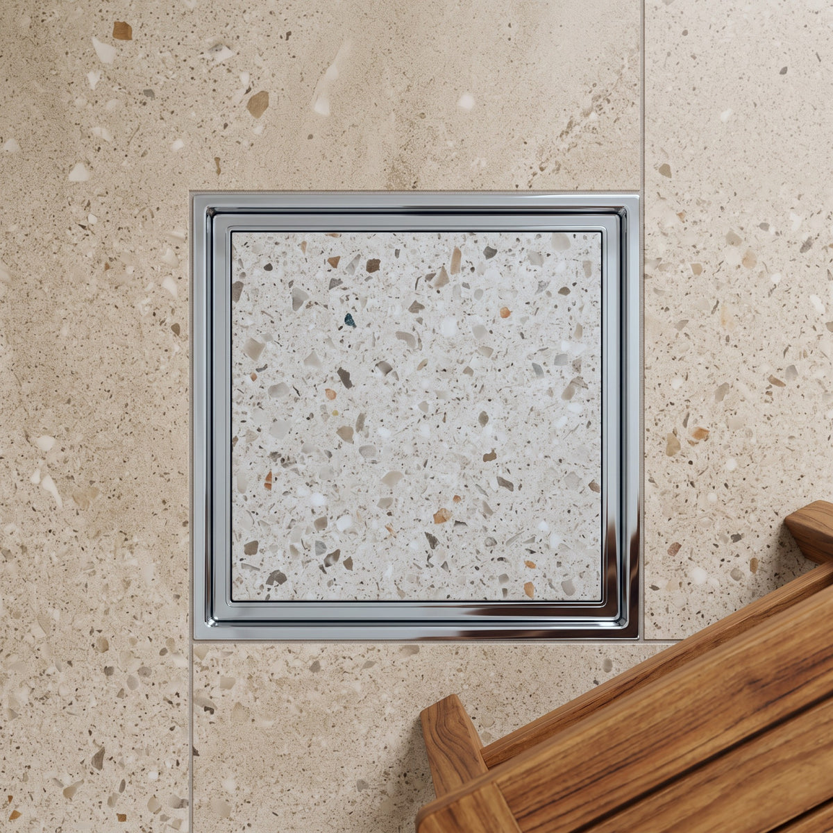Granada Tile Insert Floor Waste in Chrome in a shower