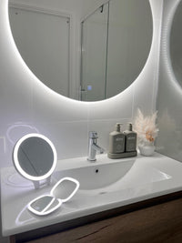 Circle Backlit Mirror on White Wall, LED Mini Make-Up Mirror, and Small Circle LED Mirror on Vanity