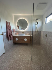 Beige, Brown, Gold, and White Theme Bathroom in Wide-Angle View