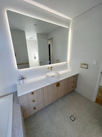 InVogue Mirrors full-length Smart LED Mirror Lighting White Room with Light Brown Wooden Cabinet
