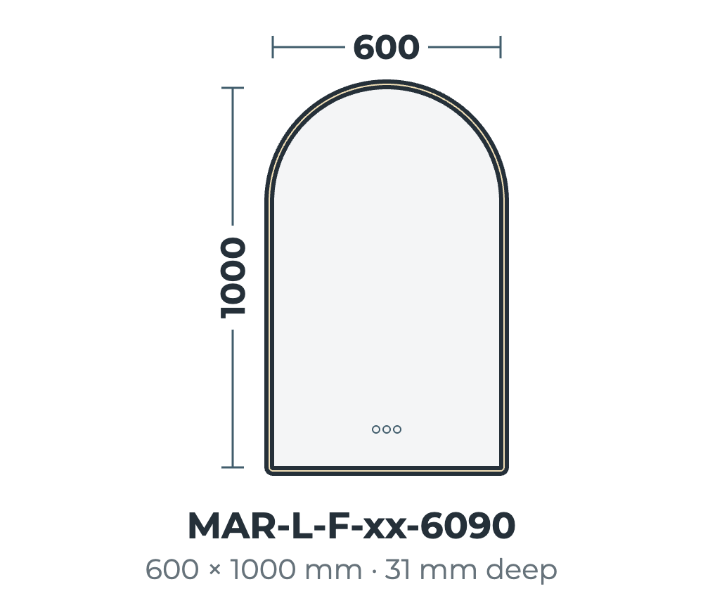 Marbella arch framed LED mirror dimensions, 600 x 1000 mm