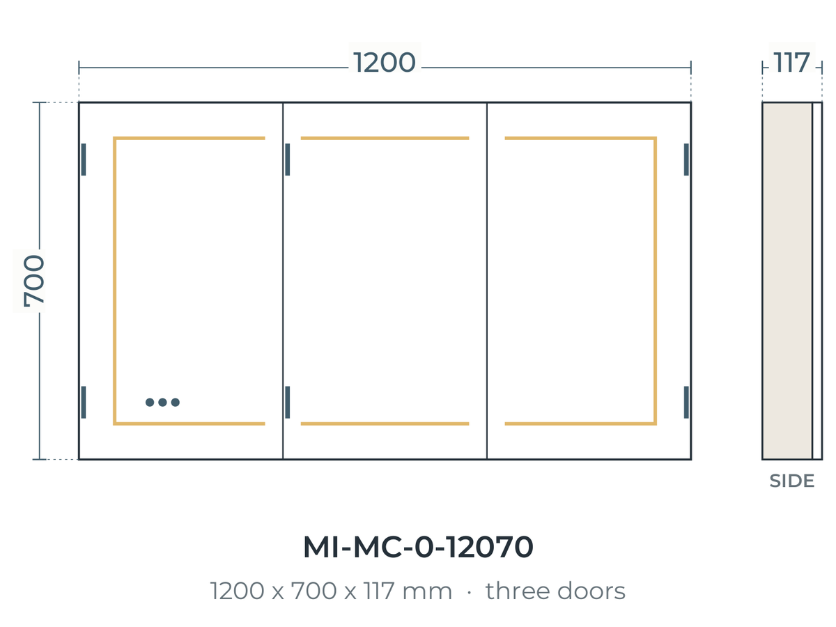 Milan MI-MC-0-12070 dimensions: 1200 x 700 x 117 mm, three doors