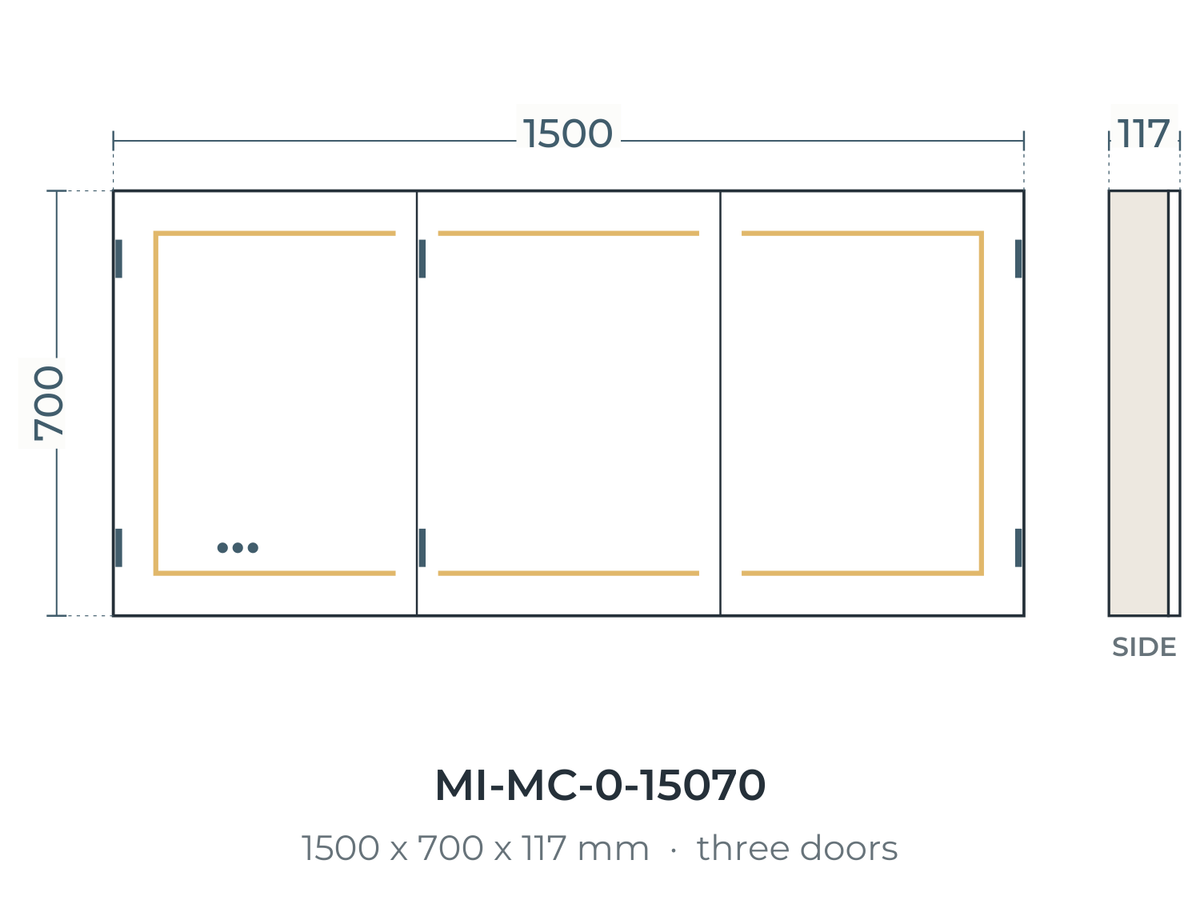 Milan MI-MC-0-15070 dimensions: 1500 x 700 x 117 mm, three doors