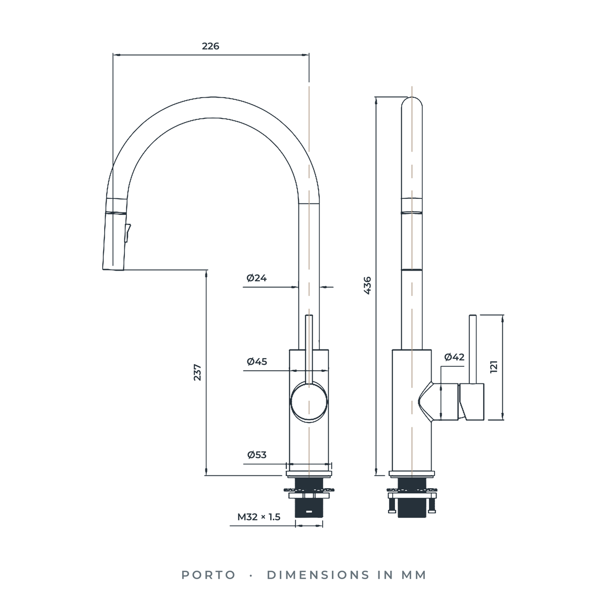 Porto Pull-Out Kitchen Mixer dimension drawing: 436 mm high, 226 mm reach, 237 mm under the spout, Ø35 mm tap hole