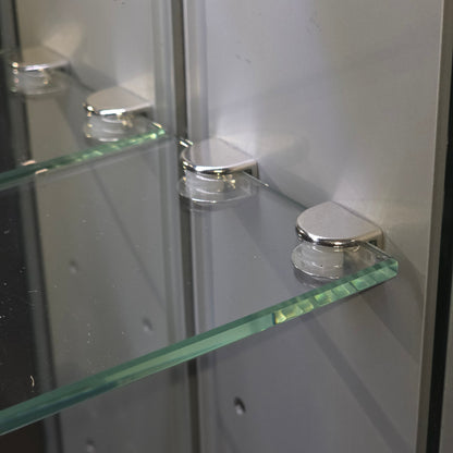 Interior adjustable glass shelves inside frameless bathroom mirror cabinet