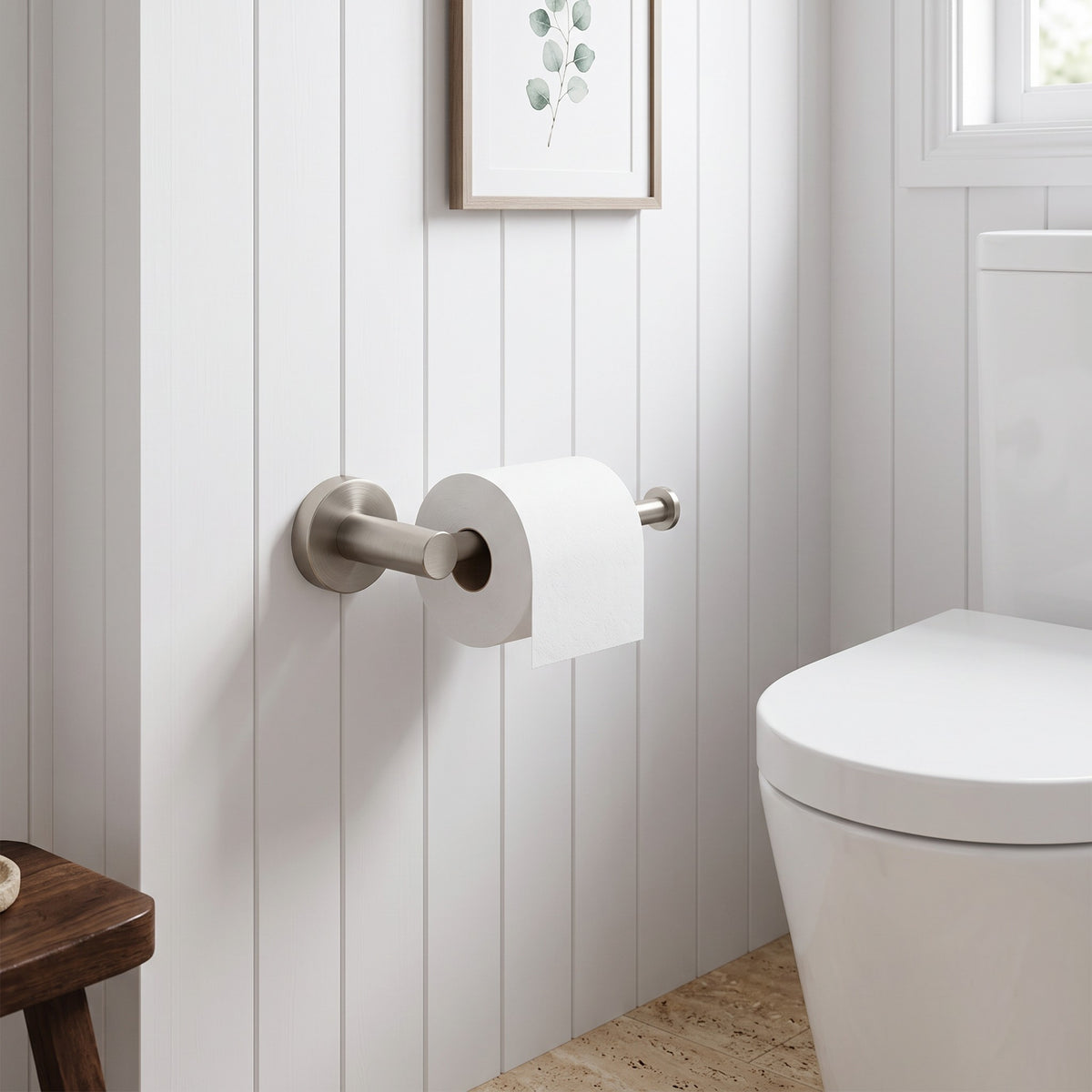 Lille Toilet Roll Holder in Brushed Nickel in a bathroom