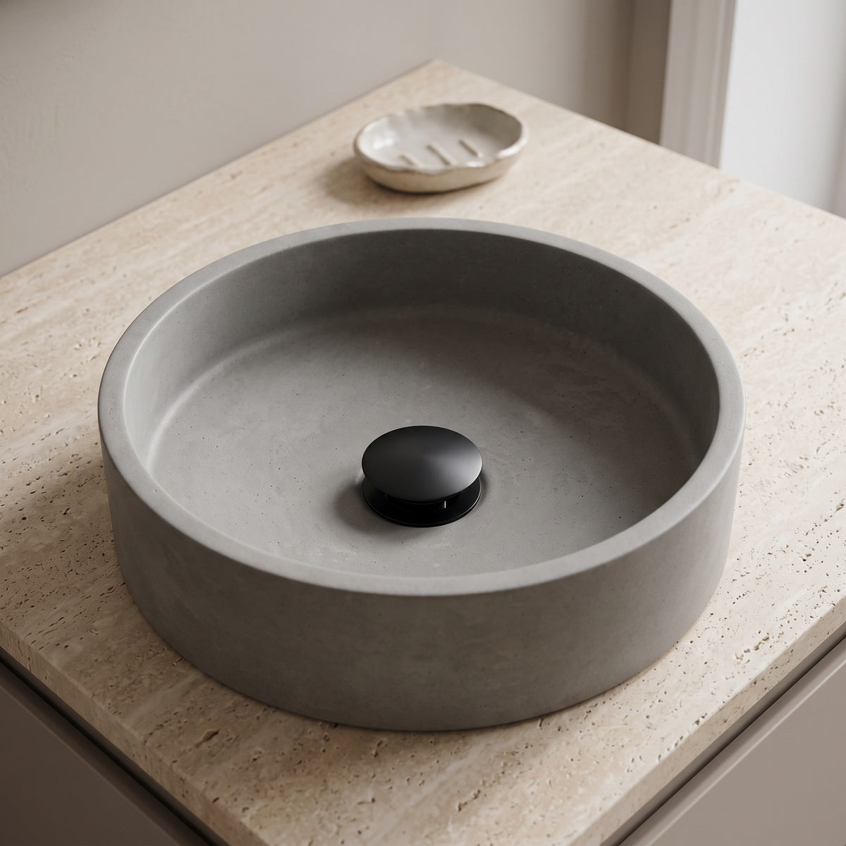 Lisbon Pop Up Basin Waste in Matte Black in a bathroom