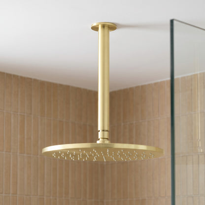 Lyon Ceiling Shower Arm and Head in Brushed Brass in a shower