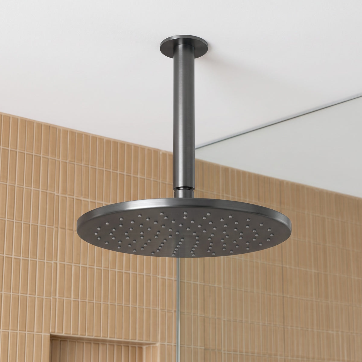 Lyon Ceiling Shower Arm and Head in Brushed Gunmetal in a shower