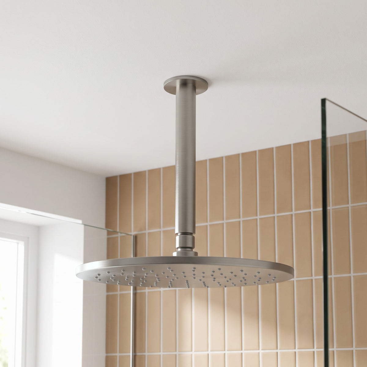 Lyon Ceiling Shower Arm and Head in Brushed Nickel in a shower