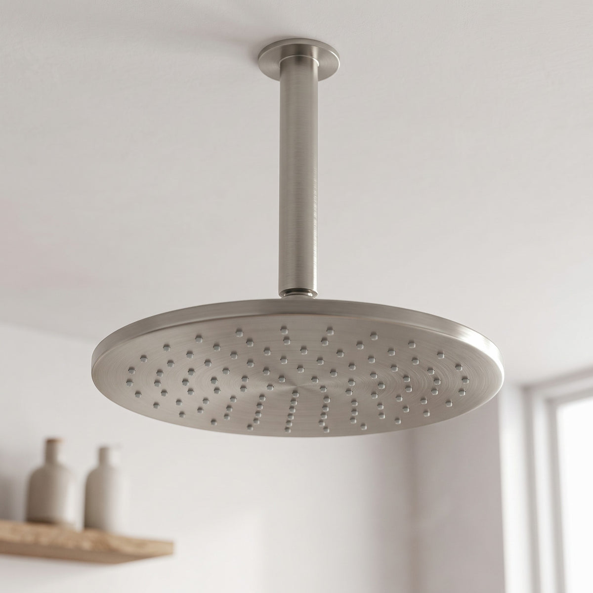 Close-up of the Lyon Ceiling Shower Arm and Head in Brushed Nickel