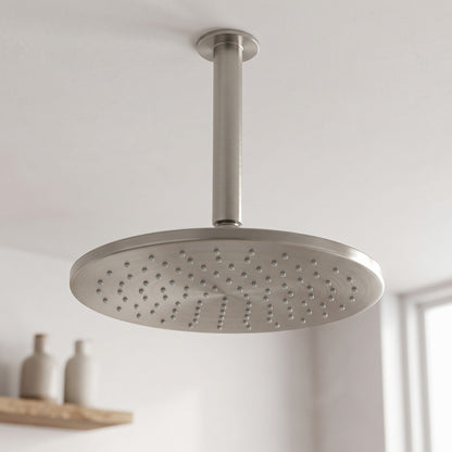 Close-up of the Lyon Ceiling Shower Arm and Head in Brushed Nickel