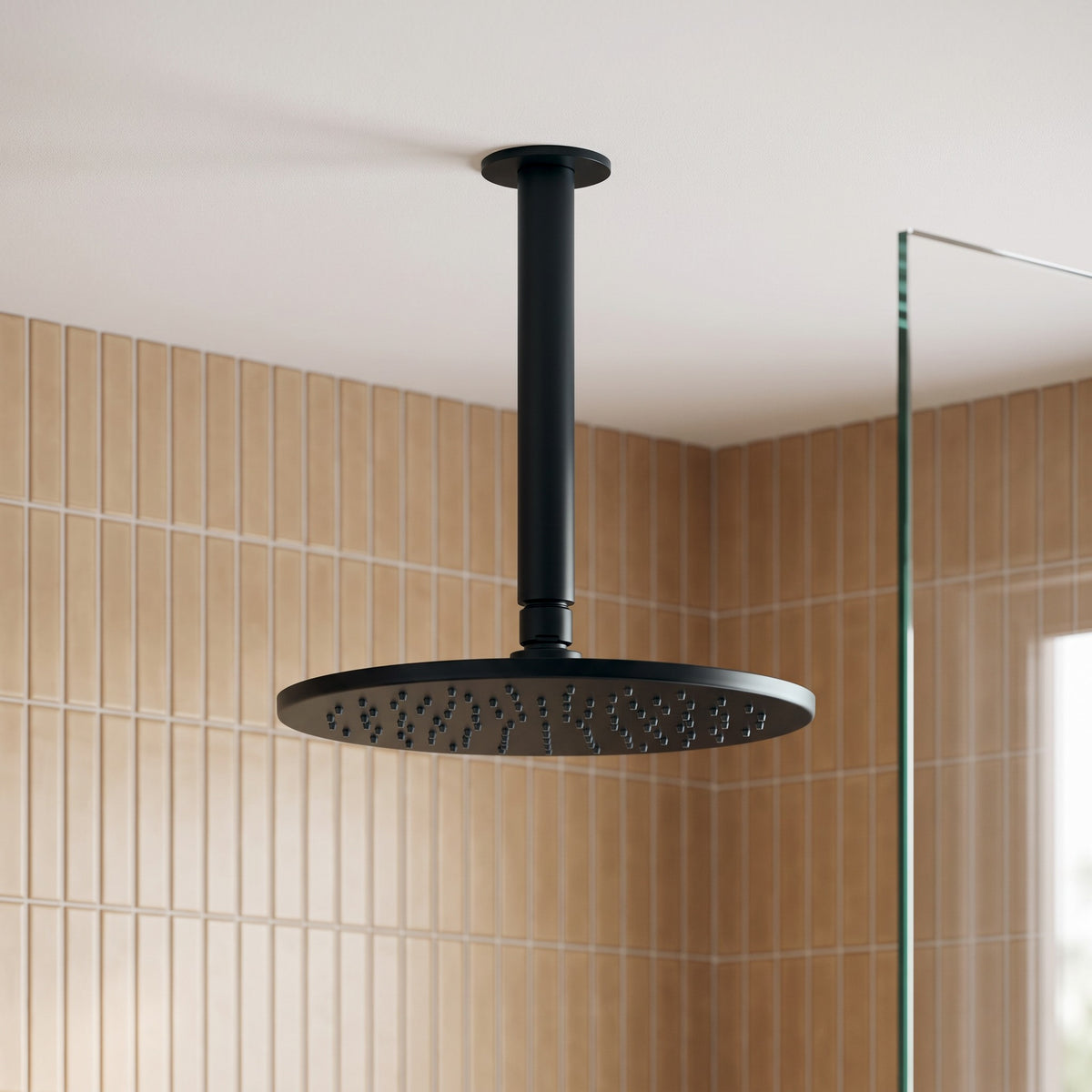 Lyon Ceiling Shower Arm and Head in Matte Black in a shower