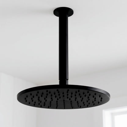 Close-up of the Lyon Ceiling Shower Arm and Head in Matte Black