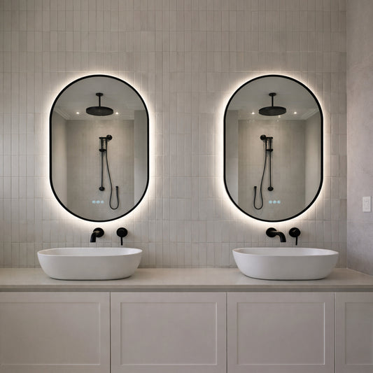 Two black framed pill-shaped backlit mirrors above twin vessel basins with matte black tapware