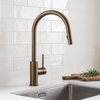 Porto Pull-Out Kitchen Mixer in Antique Brass in a kitchen